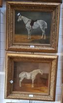 Early 20th century school, pair of oils on canvas, horses in stables, 34.5cm x 29.5cm, each