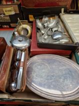 A mixed lot of cutlery, and metalware including silver plate, boxed cutlery sets, cigarette case,