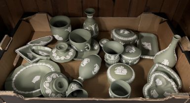 Wedgwood green jasper wares including cup & saucer, lidded boxes, vases, candlesticks etc. (22