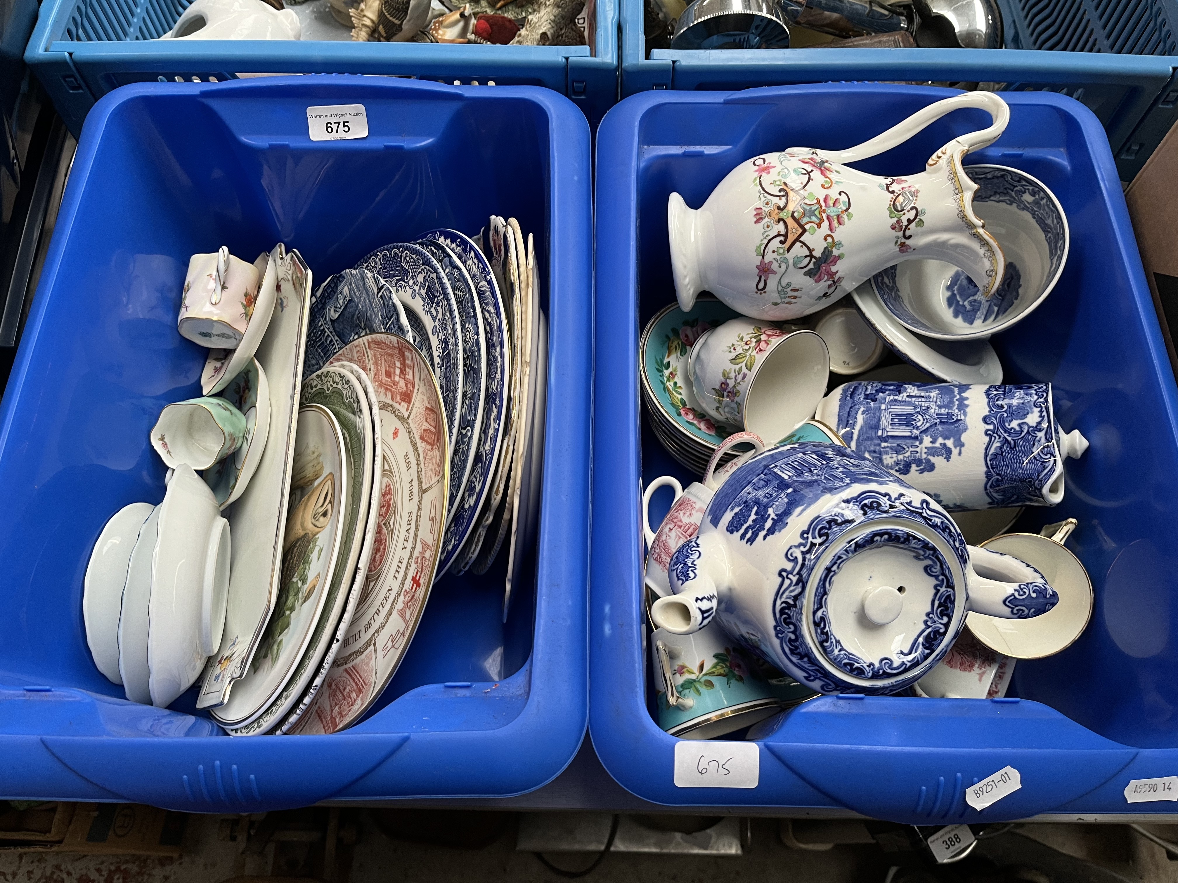 2 blue tubs of ceramics to include blue and white tea and hot water pots, Coalport coffee cans and