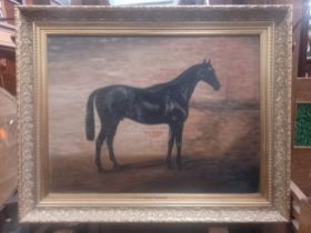 T B Whitby (British, early 20th century), 'Mint Tower', oil on canvas, horse in stable, 60cm x 45.