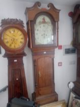 A 19th century long case clock, painted dial with Masonic symbols, pendulum and pair of weights.