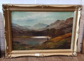 Charles Leslie (British, 1839-1886), oil on canvas, landscape scene with fisherman, 60cm x 40cm,