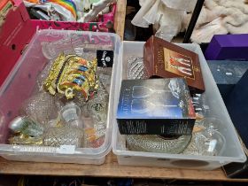 2 boxes of assorted glassware & plated items to include various decanters & boxed wine glasses etc.