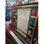 A display of billiard balls and 4 related billiard photographs.