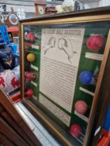 A display of billiard balls and 4 related billiard photographs.