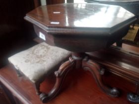 A Victorian rosewood sewing table together with a footstool of a similar age.