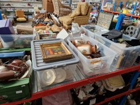 5 boxes of various ceramics, ornaments, vases, teapots, cameras, dressing table set, car manuals and