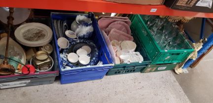 5 boxes of misc pottery, including blue & white, spode, wedgwood, glassware, lamp, japanese figure &