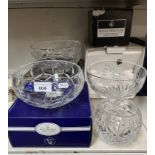 Boxed Edinburgh Crystal ‘Argyll’ footed bowl (20cm diameter) together with 3 boxed Royal Doulton