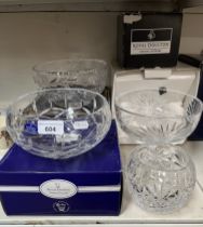 Boxed Edinburgh Crystal ‘Argyll’ footed bowl (20cm diameter) together with 3 boxed Royal Doulton