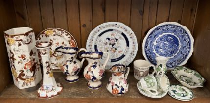 16 pieces of Mason’s Ironstone including 3 blue Mandalay jugs, a tall Brown Velvet vase etc.