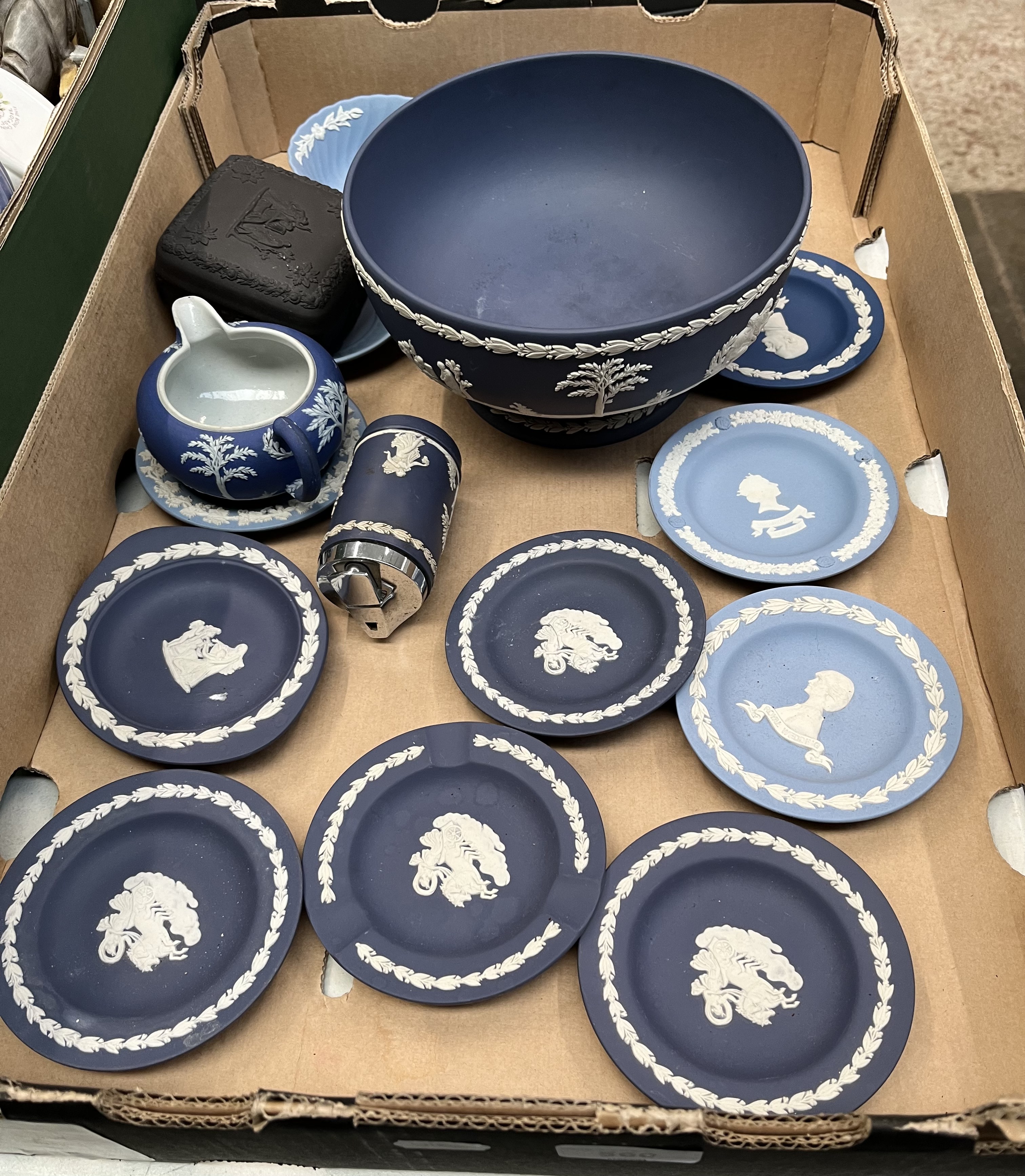A box of Wedgwood jasperware including portland blue footed bowl, etc