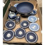 A box of Wedgwood jasperware including portland blue footed bowl, etc