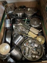 Box of metal wares including plated, stainless steel, cutlery etc