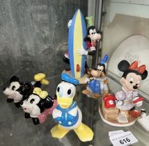 6 Disney figures - 3 glazed, 3 unglazed - 1 as found