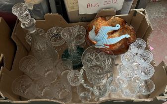 A box of mainly glassware including vase, decanter, sundae dishes, drinking glasses etc
