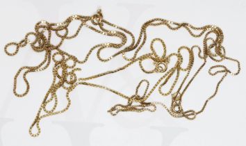 Assorted box link chains, various 9ct marks, gross weight 12.9g, as found.