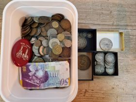 A tub of assorted GB & world coins to include a small group of GB silver coins, a Liverpool...