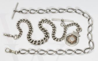 Two hallmarked silver Albert chains, lengths 36cm & 39cm, weight 130.8g.