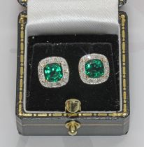 A pair of 9ct gold synthetic emerald and diamond earrings, gross weight 2.5g.