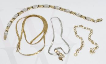 Three bracelets and a necklace, marked '375' or similar, gross weight 12g.