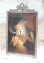 A continental porcelain plaque, hand painting portrait depicting an old man smoking a pipe, gilt