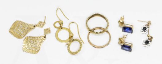 Four pairs of earrings and two rings, various 9ct marks and some unmarked, gross weight 10.5g.