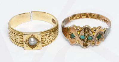 Two Victorian hallmarked rings; one 18ct gold set with a split pearl, sponsor 'D&F', Chester 1884,