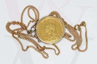 A Victoria 1889 Melbourne Mint sovereign, mounted in 9ct gold and suspended on chain marked '375',