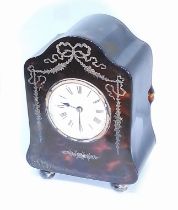 An Edwardian silver inlaid tortoiseshell mantle clock, hallmarked silver hinged back, sponsor 'H.A&