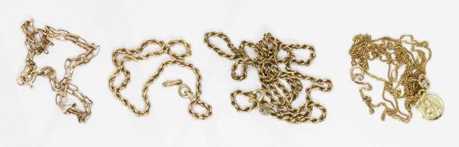 Assorted chains, various 9ct marks, gross weight 7g, as found.