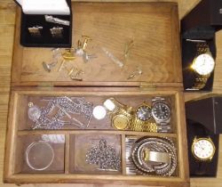 A mixed lot of items including 3 silver Albert chains, 2 with fobs together with 2 white metal