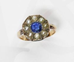 An antique sapphire and split pearl cluster ring, the octagonal head measuring approximately 12.