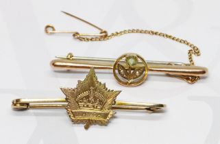 A sweetheart brooch 'Canada' and another brooch set with a peridot and split pearls, both marked '