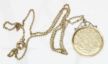 A 9ct gold commemorative medallion, on chain, gross weight 7.7g.