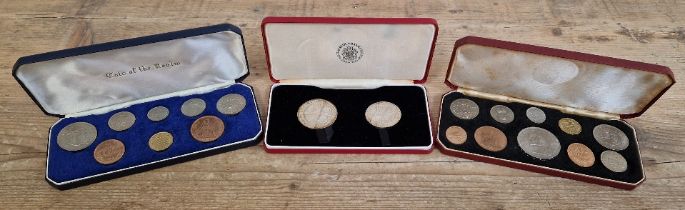 Three coin sets comprising of a Queen Elizabeth II 1953 coronation ten coin specimen set in case...