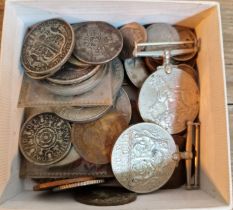 A box of assorted world coins & 2 medals to include a 1879 USA dollar, USA five cents, some....