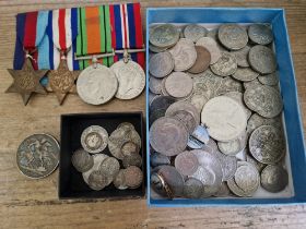 A tray of assorted coins & medals to include some silver coins & a 1893 crown etc.