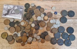 A tin of assorted GB coins to include 8 x 1797 cartwheel pennies, George IV penny, Victoria....
