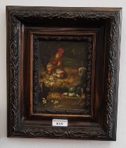 After Edgar Hunt, oil on metal panel, chickens and chicks, 11.5cm x 16.5cm, signed 'E Hunt' to lower