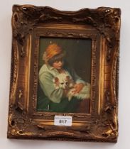 20th century school, oil on board, woman holding a dog, 11.5cm x 17cm, indistinctly signed, gilt