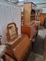 Various items of furniture; pine dressing table, swing mirror, glazed cabinet, pine blanket box,