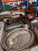 A mixed lot of metalware including copper cauldron, WMF tray, silver plate, pewter and a Rodney Kent