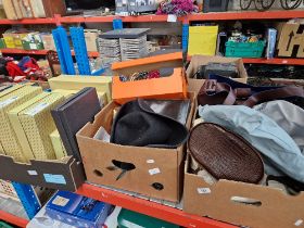 3 boxes of handbags to include leather, Italian, etc, silk ties, scarf, hats, etc.