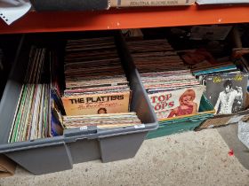 Three boxes of LP vinyl records, various artists and genres.