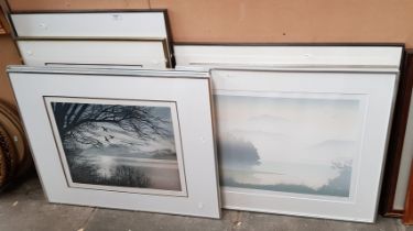 Nine assorted limited edition prints including three after France Hilon, brushed aluminium frames.