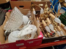 Two boxes of light fittings including Christopher Wray brass wall lights and various light