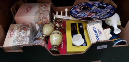 A box of assorted items including Royal Worcester, cranberry glass, a Royal Academy of Arts Mick