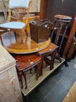 Various items of furniture; inlaid mahogany nursing chair, burr walnut coffee table, nests of